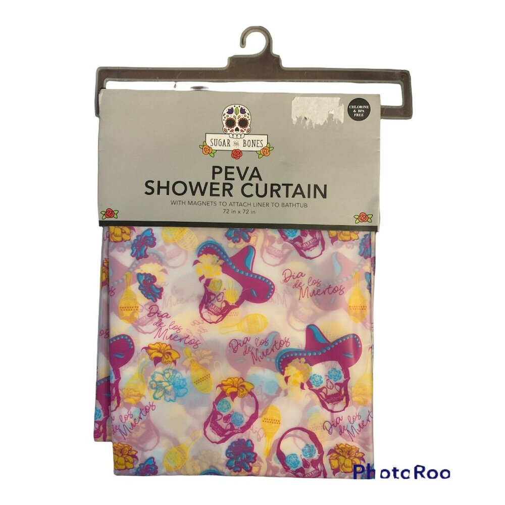 SUGAR AND BONES "DIA DE LOS MUERTOS" SKULLS PEVA SHOWER CURTAIN w/MAGNETS